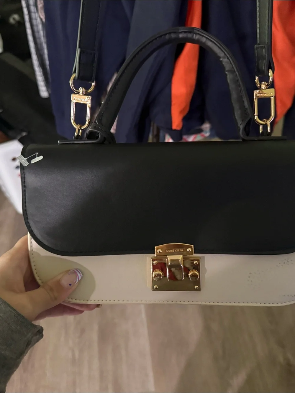 Anne Klein Two-Tone Black & White Leather Satchel with Gold Hardware